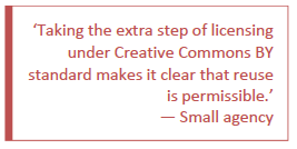 Pull quote 23: Taking the extra step of licensing under Creative Commons BY standard makes it clear that reuse is permissable - small agency.