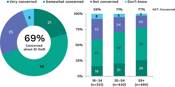 Bar and pie charts  showing percentage concerned about ID theft, broken down by age. Link to long text description follows image.