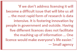 If we don't address licensing it will become a difficult issue that will bite us all ... the most rapid form of research is data intensive. It is fostering innovation by people in government and outside. Having five different licences does not facilitate the mashing up of information ... One licence would make everyone's life easier. - small agency.