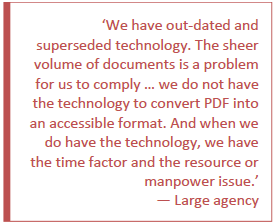 We have out-dated and superseded technology. The sheer volume of documents is a problem for us to comply ... we do not have the technology to convert PDF into an accessible format. And when we do have the technology, we have the time factor and the resource or manpower issue. - large agency.