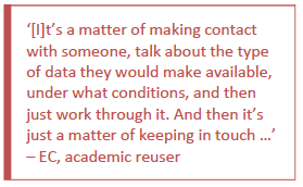 Pull quote 4: It's a matter of making contact with someone, talk about the type of data they would make available, under what conditions, and then just work through it. And then it's just a matter of keeping in touch ... - EC, academic reuser.