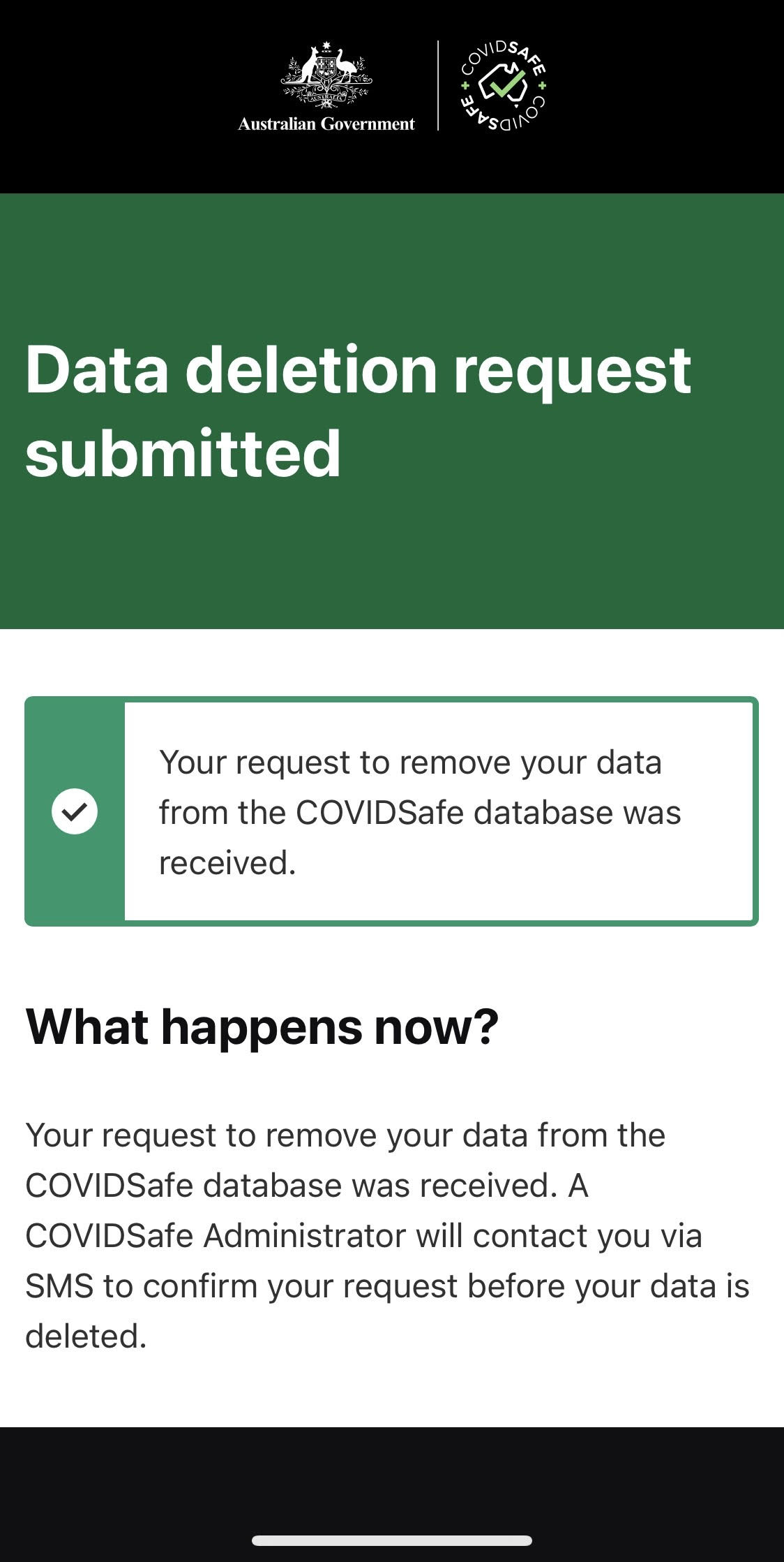 notification that a COVIDSafe user’s request has been submitted (screenshot 26 February 2021).