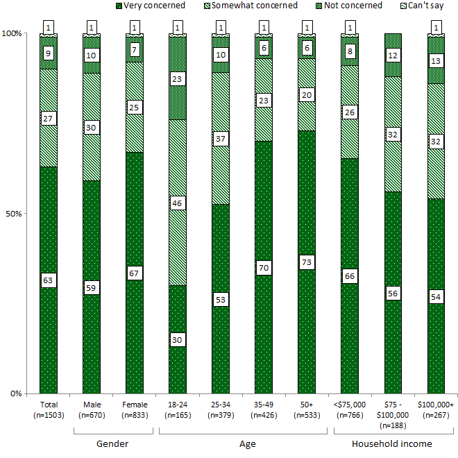 100% stacked column chart showing levels of concern, broken down by gender, age and household income. Link to long text description follows image.
