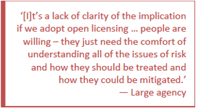 [I]t's a lack of clarity of the implication if we adopt open licensing ... people are willing - they just need the comfort of understanding all of the issues of risk and how they should be treated and how they could be mitigated.