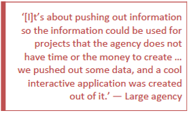 [I]t's about pushing out information so the information could be used for projects that the agency does not have time or the money to create ... we pushed out some data, and a cool interactive application was created out of it. - large agency.