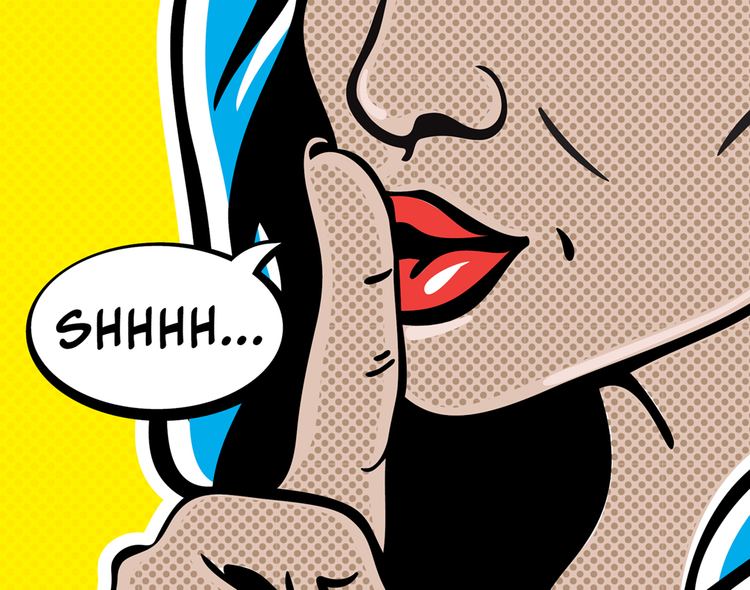 Comic book style women with finger to her mouth. A speech bubble has the text 'shhh' in it. 