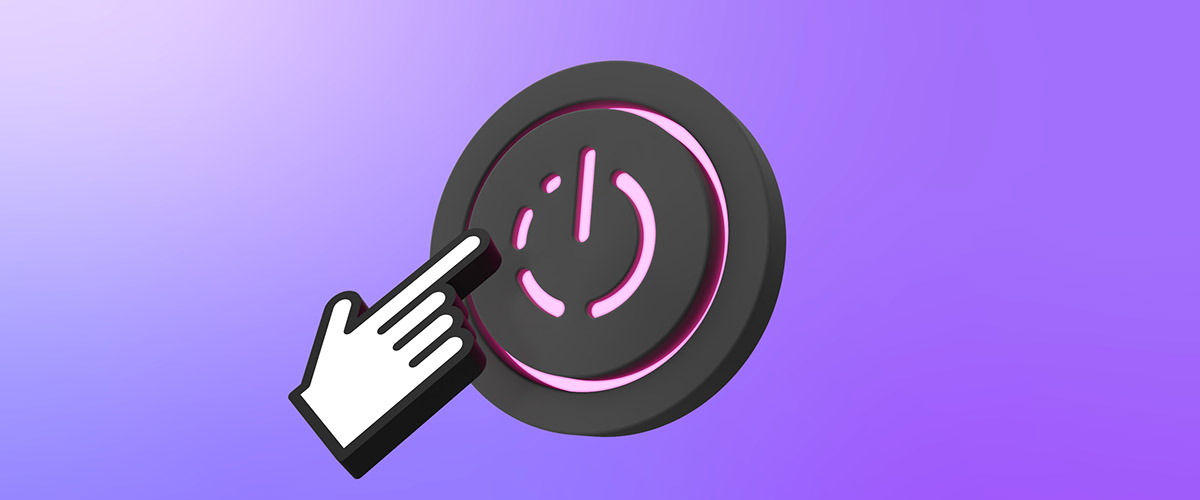 A 3 dimensional button icon with a power symbol embossed on it, a 3 dimension mouse hand icon is pointing at the button on a purple gradient background