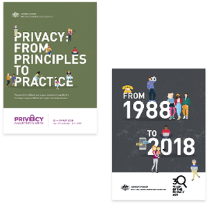 Two posters from PAW. Left poster says 'Privacy: from principles to practice'. Right poster says 'From 1988 to 2018'.