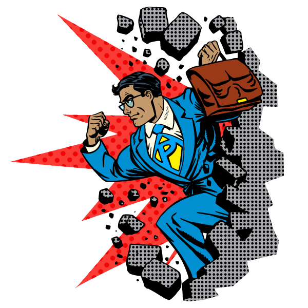 Comic book style businessman jumping out of wall with text which reads 'on my way to se-assesslf!