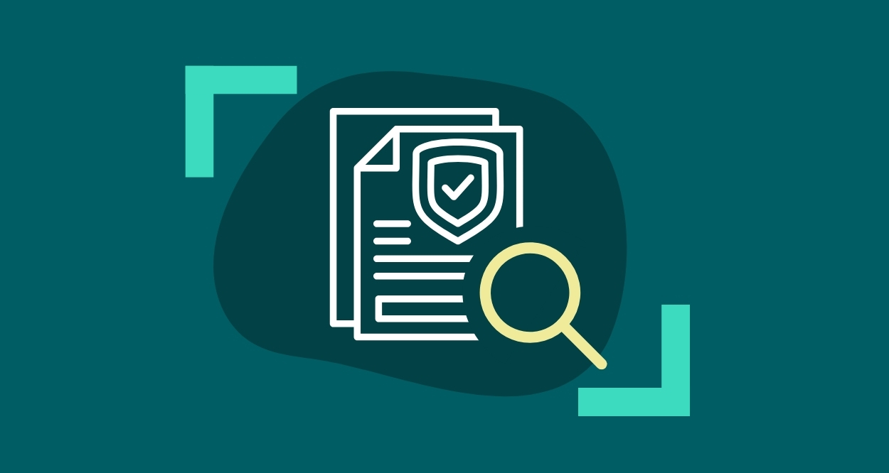 A document with a privacy icon and magnifying glass on a dark green background