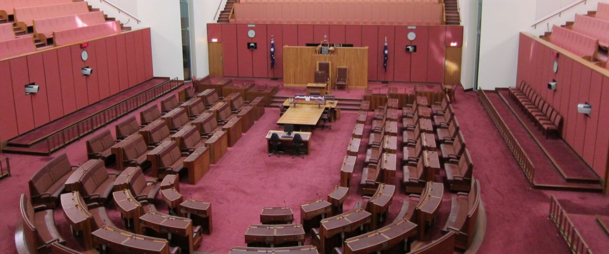 A photograph of the senate at parliament house, Canberra, Australia